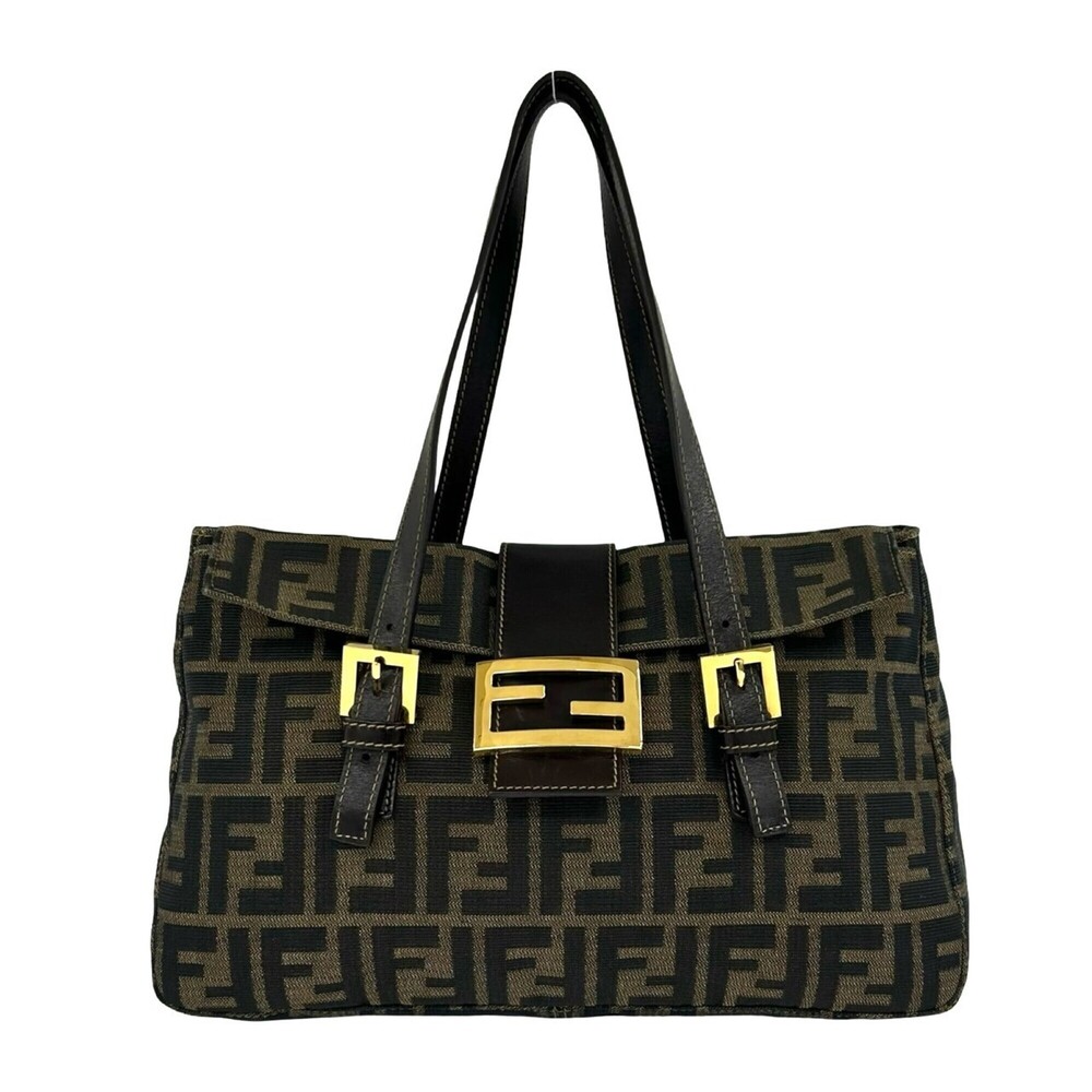 FENDI Vintage Zucca FF Pattern Canvas Leather Genuine Handbag Tote Bag Brown ...
